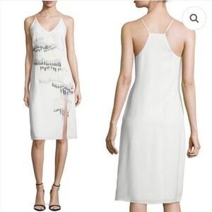 NWT Halston Heritage Embroidered Beades V-neck White Gray Dress, Sz 2